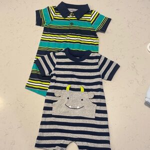 Striped Navy & Teal Kids Matching Set - Cute Monster Romper